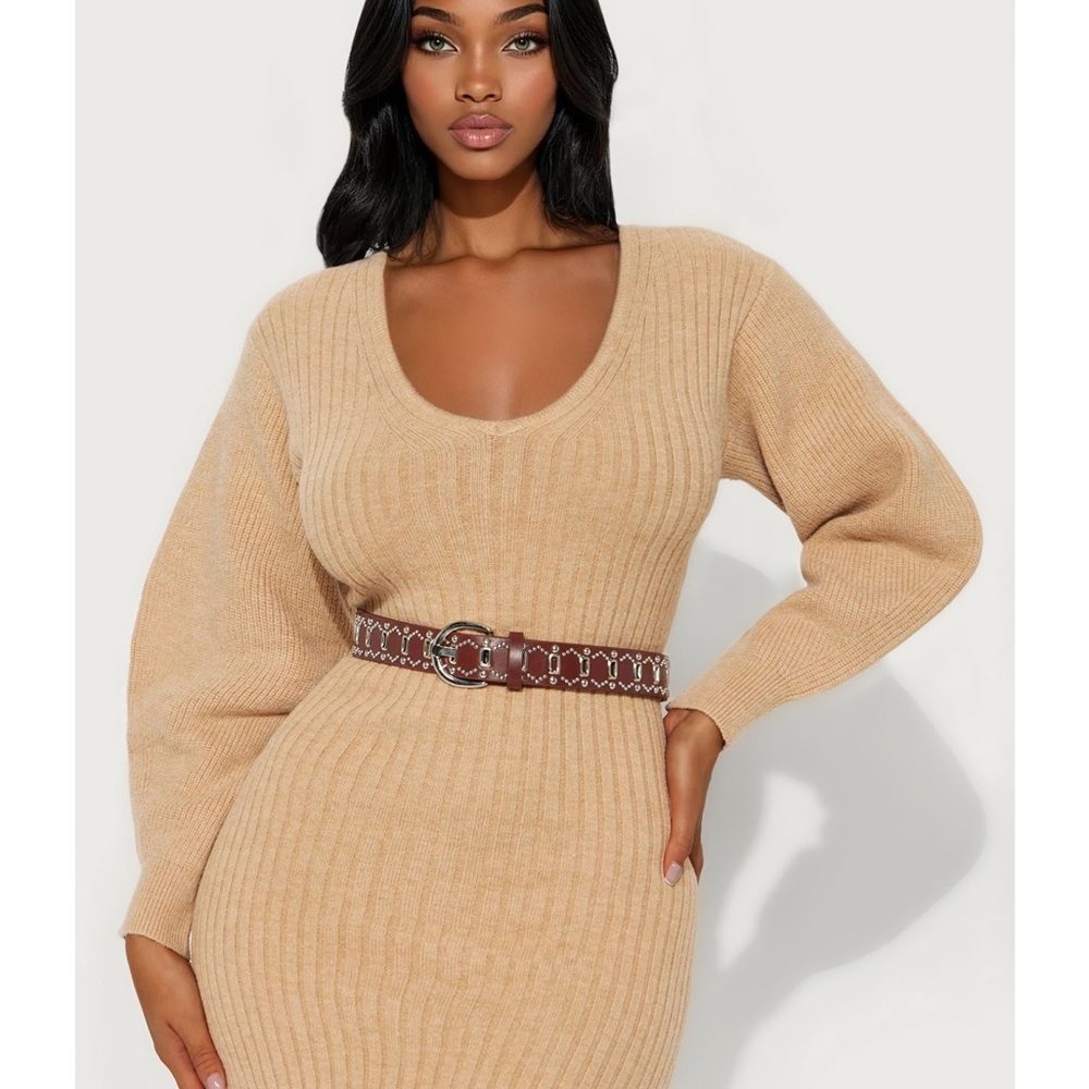 FashionNova Bria Belted Dress mocha Elegant Tan Knit Dress size XS - Picture 5 of 16